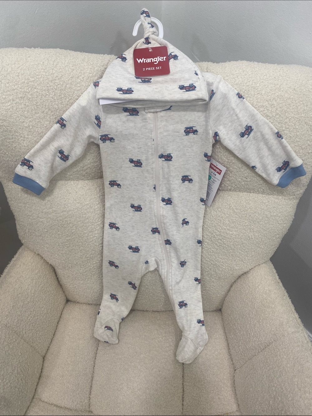 Wrangler Cream Footed One-Piece Romper with Blue Trim and Truck Print